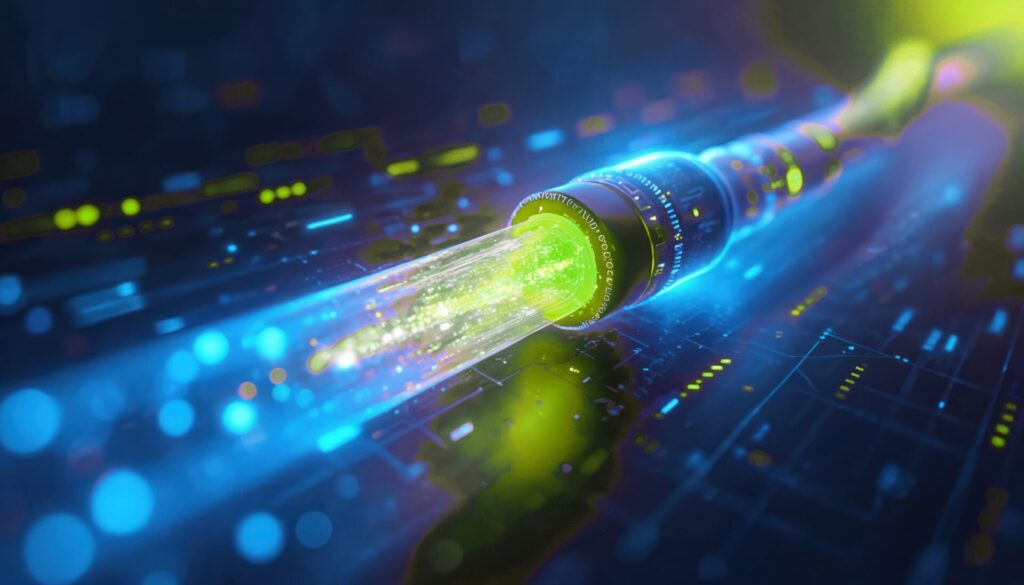 Dark Fiber Glasfaserkabel, umgeben von leuchtenden Strahlen, die die hohe Geschwindigkeit und ungenutzte Datenübertragungskapazitäten zeigen