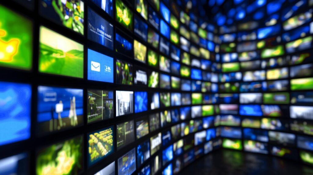 Wand mit mehreren Monitoren, auf denen verschiedene Programme gleichzeitig angezeigt werden