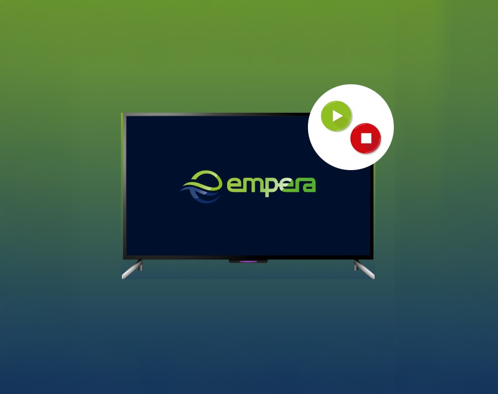 Grafik eines Empera-Fernsehers mit sichtbaren Play- und Pause-Schaltflächen auf dem Bildschirm